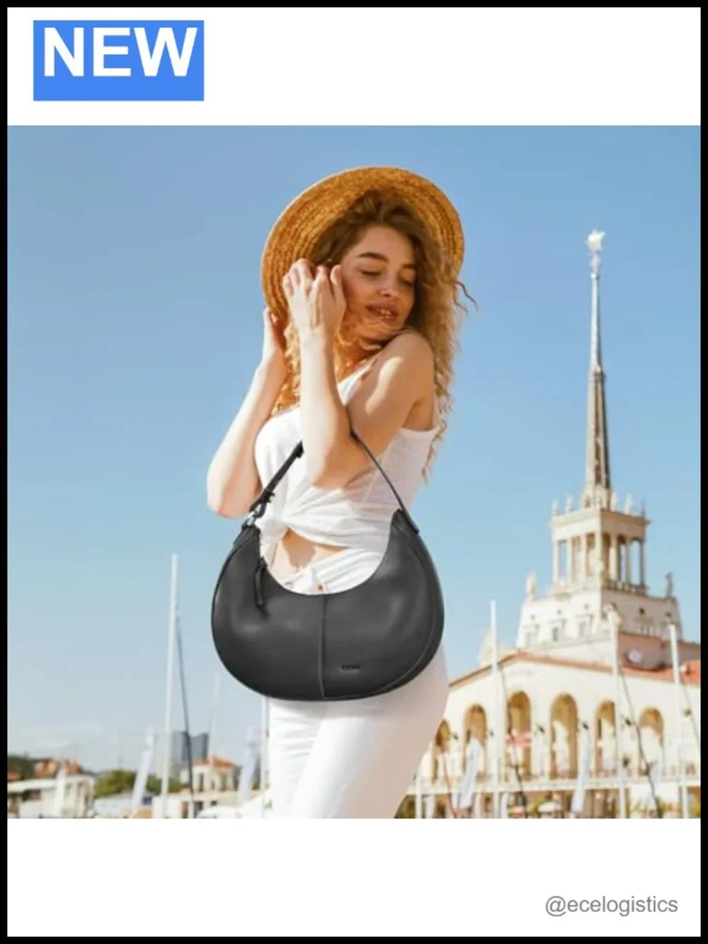 Genuine Leather Crescent Hobo Bag with Adjustable Strap Crossbody